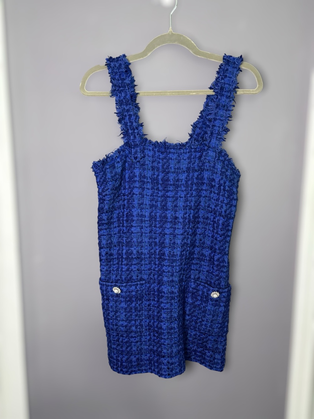 Zara Royal Blue Textured Tweed Mini Dress Pearl Buttons Small